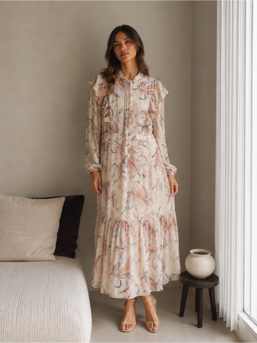 Anthropologie x Walter Baker Cream Floral Ruffle Maxi Dress